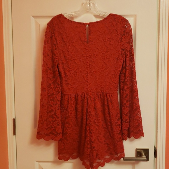Long Sleeve Red Lace Romper - Picture 3 of 4